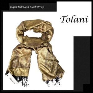 TOLANI 100% Super Silk Gold Black Floral Paisley Scarf Wrap